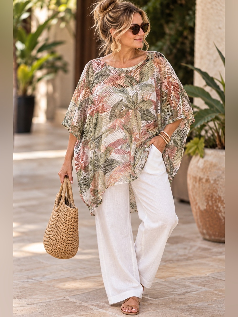 Cha Cha Vente Floral Sheer Mesh Poncho Top 3X Plus Size Boho Dolman